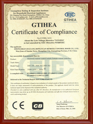 巨光202、302遙控器CE證書(shū)